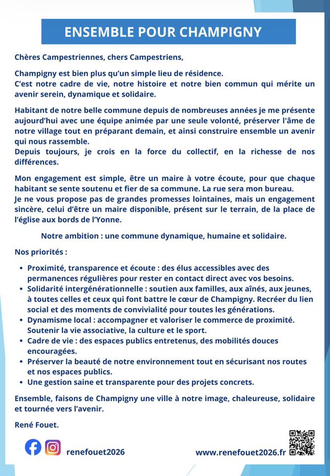 Affiche de campagne René Fouet - Champigny-sur-Yonne 2026 - Verso
